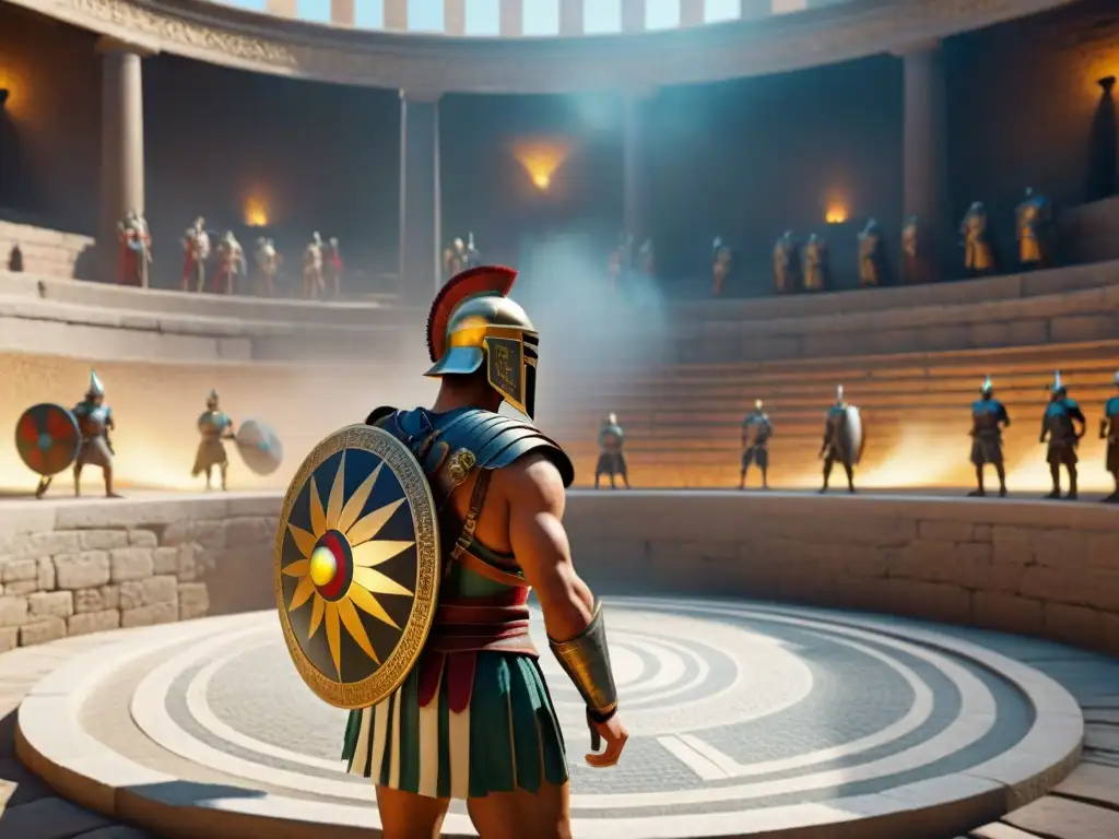 Comparación épica entre mosaico antiguo de gladiadores y simulación en realidad virtual, mostrando evolución de juegos antiguos a VR