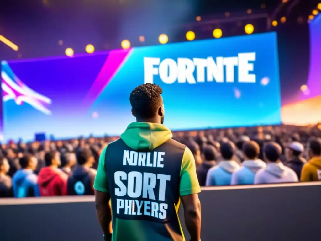 Un épico encuentro de jugadores de Fortnite de todo el mundo en la Copa del Mundo, mostrando diversidad cultural