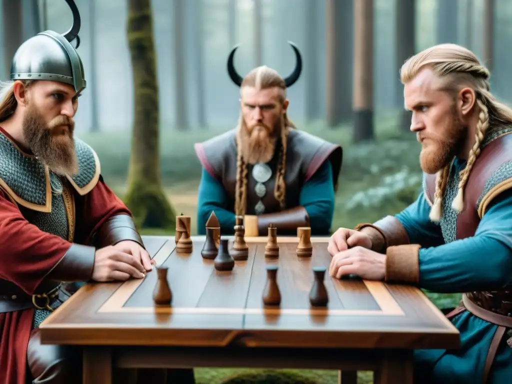 Un épico juego de estrategias ajedrez vikingo Hnefatafl en un bosque nórdico, con reenactores vikingos concentrados