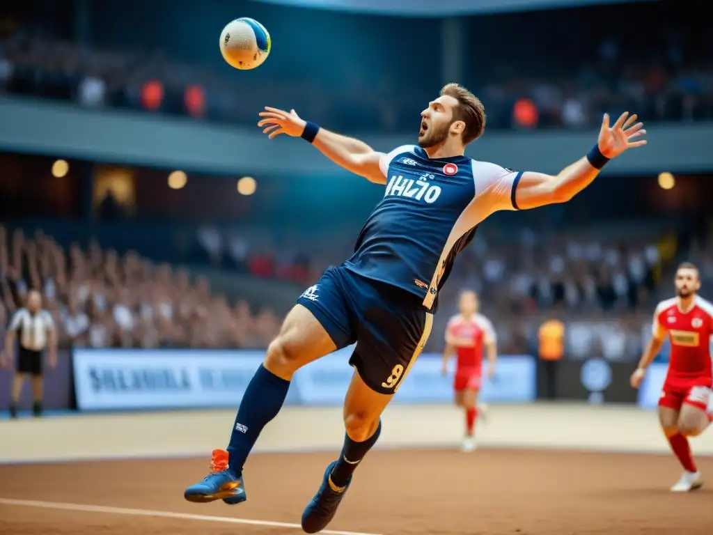 Épico salto en un emocionante partido de balonmano histórico, con un jugador en pleno vuelo