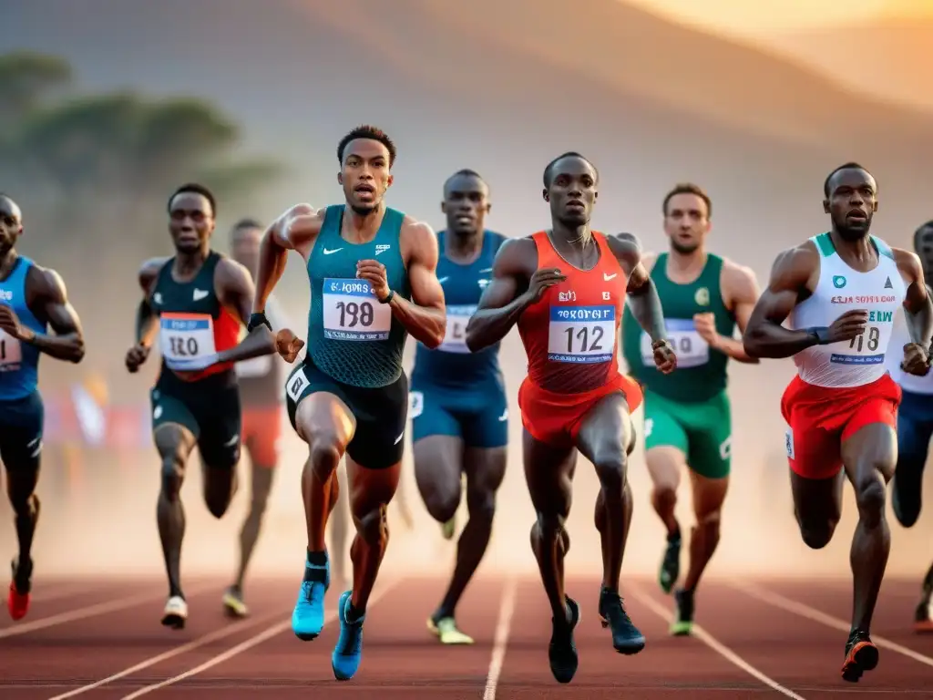 Equipo africano compite en carrera relevos al atardecer en la sabana