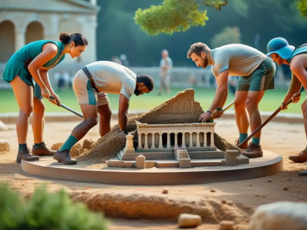 Equipo de arqueólogos descubriendo ruinas de los Juegos Olímpicos antiguos en Olimpia, Grecia