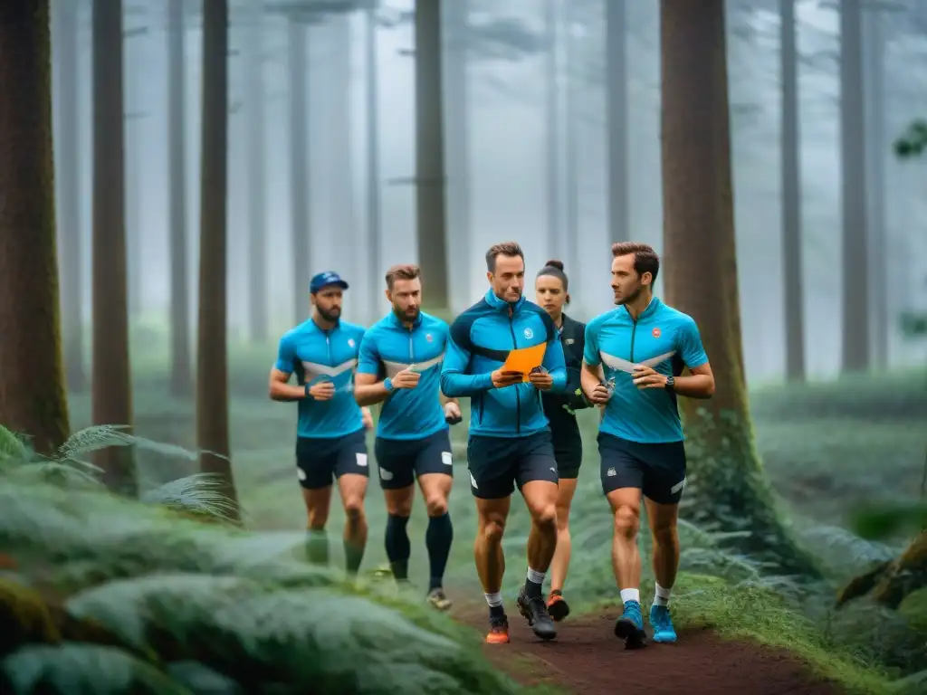 Equipo de atletas en carrera de orientación europea, navegando en un bosque con brújulas y mapas