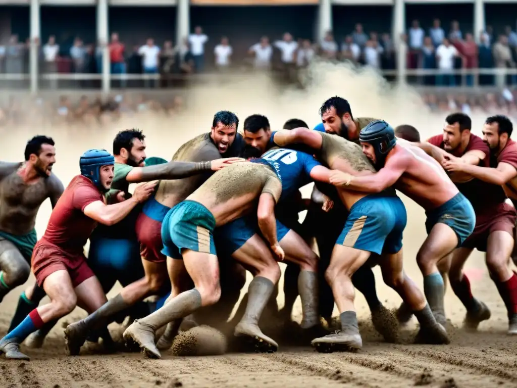 Equipo de Calcio Storico compitiendo en un emocionante y tradicional juego en Italia