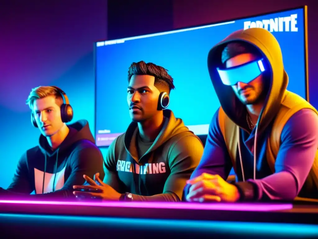 Equipo de campeones de Fortnite discutiendo las mejores estrategias en pantalla iluminada