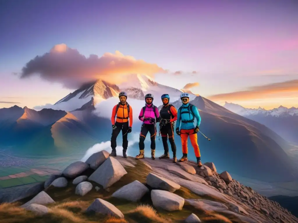 Equipo de deportes extremos de diferentes culturas en la cima de la montaña al amanecer