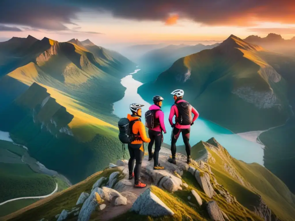 Equipo de deportes extremos listo para la aventura en la cima de la montaña