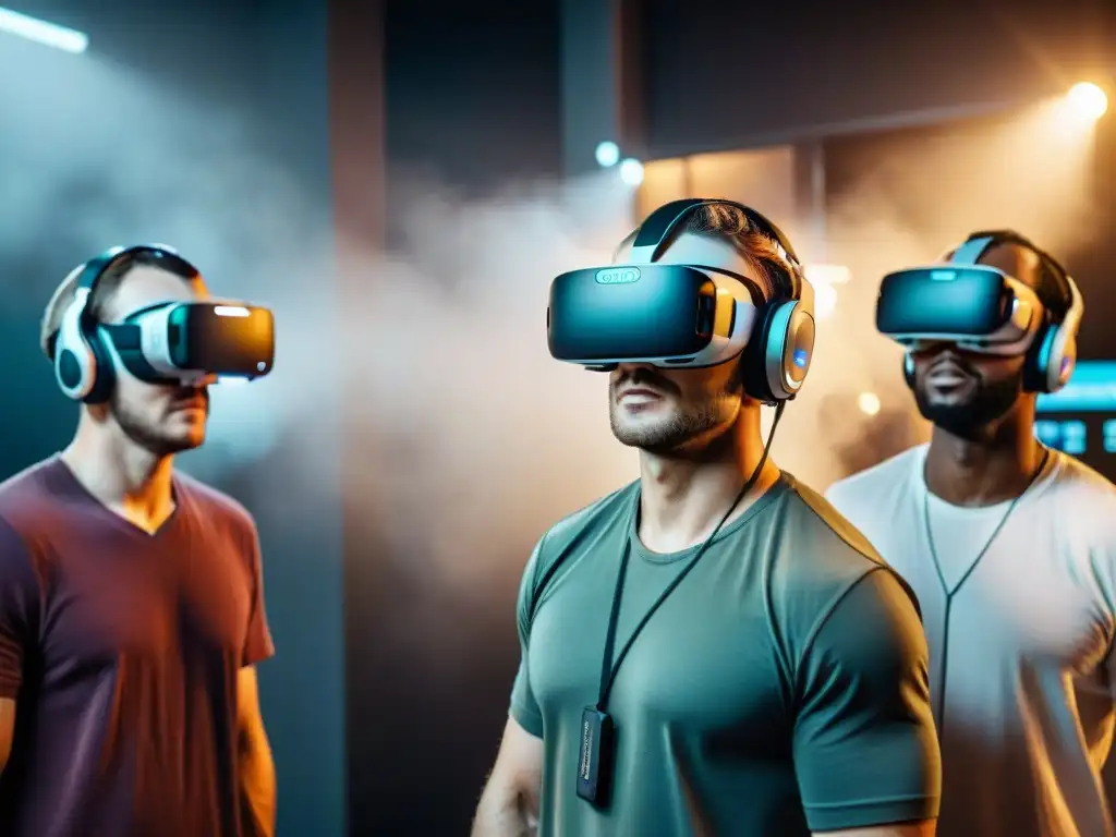 Un equipo de desarrolladores de juegos con auriculares de realidad virtual, inmersos en la creación de un nuevo mundo de videojuegos