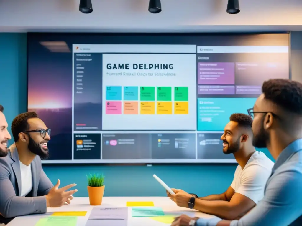 Reunión apasionada de desarrolladores de videojuegos en estudio moderno Equipo de desarrolladores de juegos diverso discutiendo estrategias de crowdfunding en un estudio moderno y luminoso