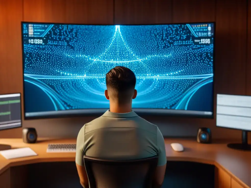 Desarrolladores crean IA avanzada para juegos estratégicos Un equipo de desarrolladores analiza líneas de código para una avanzada inteligencia artificial en juegos de estrategia, en una oficina tenue