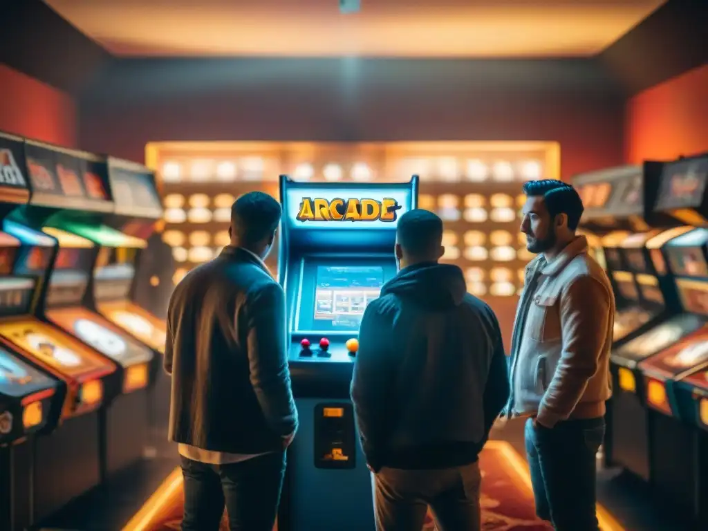 Equipo de desarrolladores analizando una máquina arcade vintage, inmersos en la selección de juegos clásicos digitales