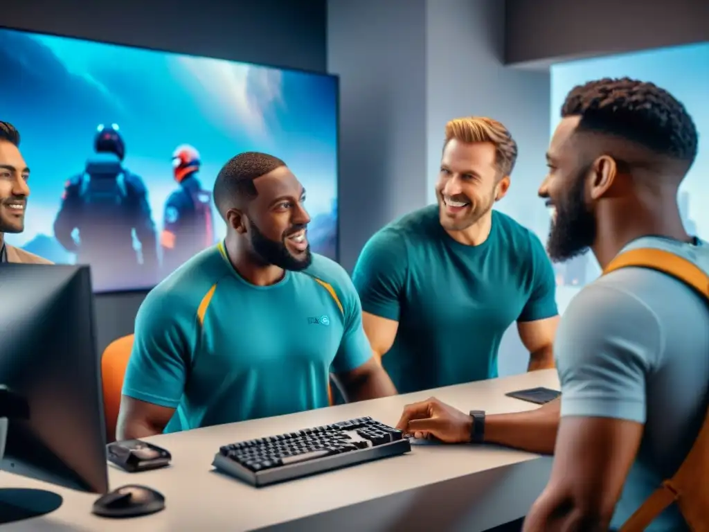 Equipo de desarrolladores de videojuegos emocionados colaborando en proyectos futuristas