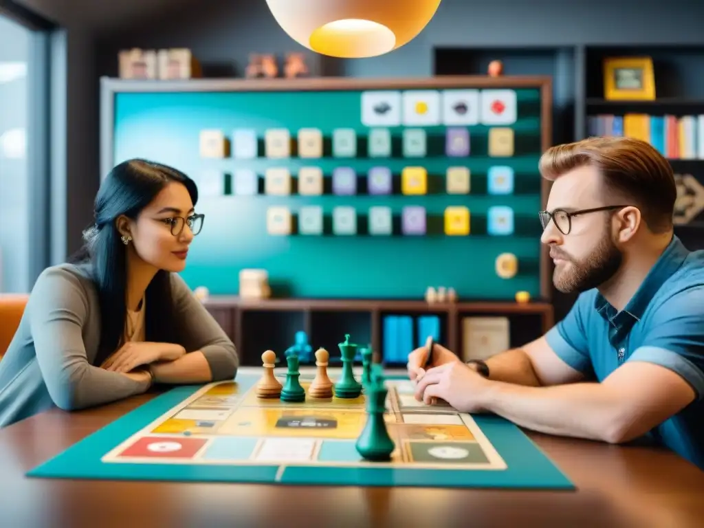 Equipo de diseñadores de juegos de mesa en intensa colaboración, rodeados de materiales creativos