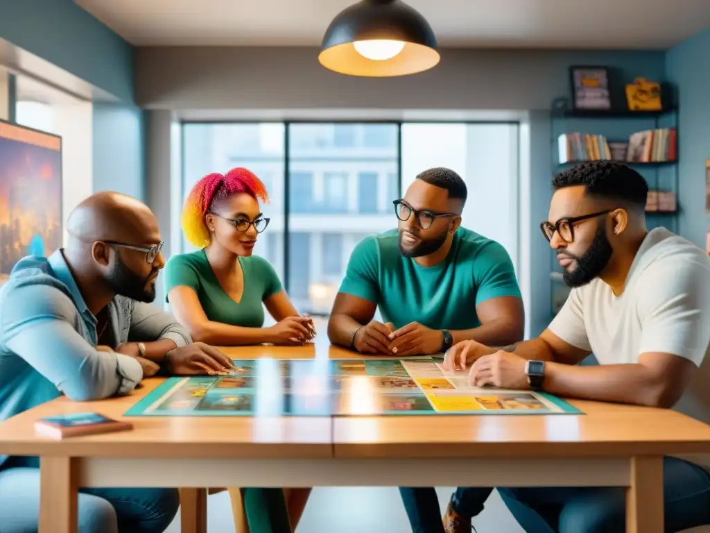 Un equipo de diseñadores de juegos de mesa inspirados en la cultura pop colabora intensamente alrededor de una mesa llena de bocetos y referencias