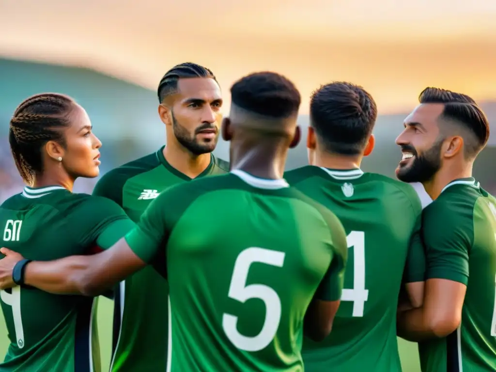 Un equipo diverso de atletas unidos en un campo de fútbol, reflejando la intensidad del juego y el apoyo de una multitud emocionada