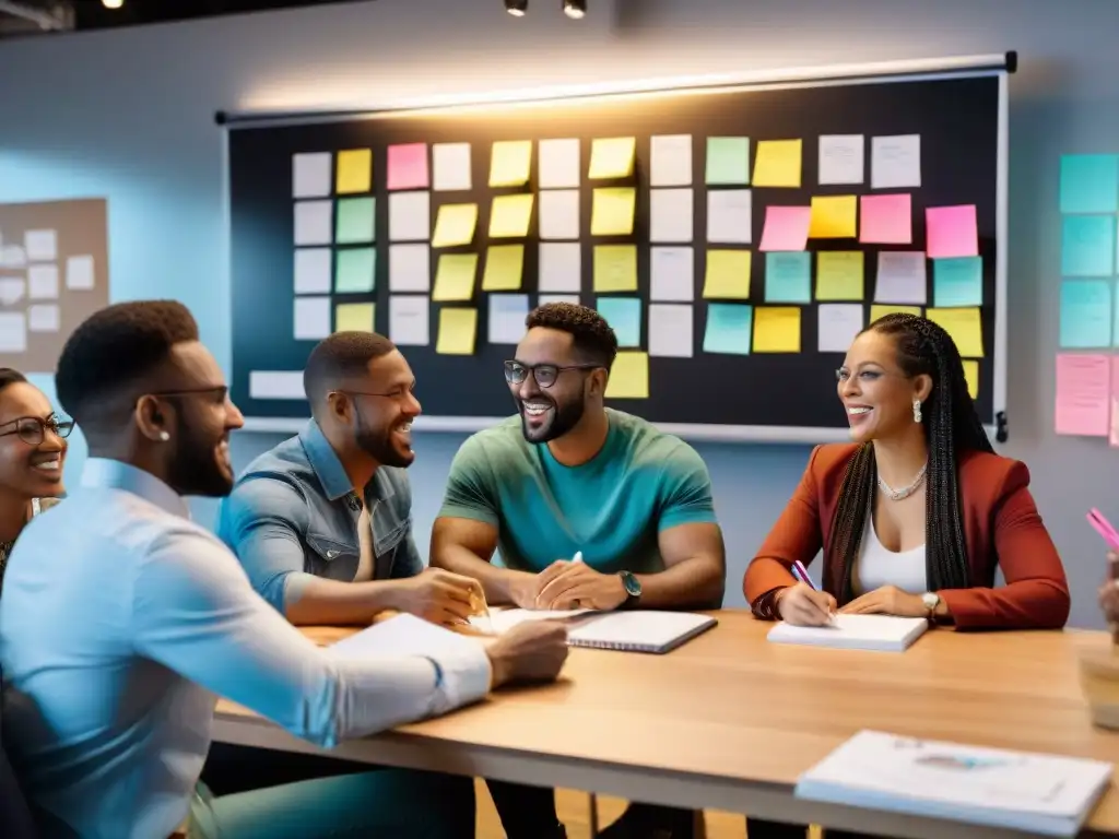 Un equipo diverso y comprometido discute apasionadamente en torno a una mesa llena de bocetos y laptops