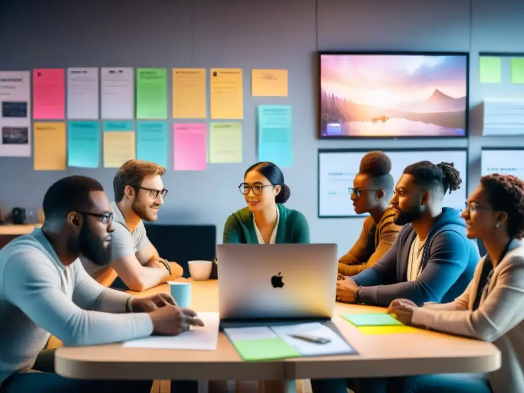 Equipo diverso de desarrolladores de juegos discuten ideas innovadoras en una sala llena de inspiración y gaming