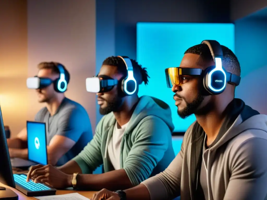 Un equipo diverso de desarrolladores de juegos se concentra en pantallas brillantes, rodeados de papeles y auriculares de VR en una habitación tenue