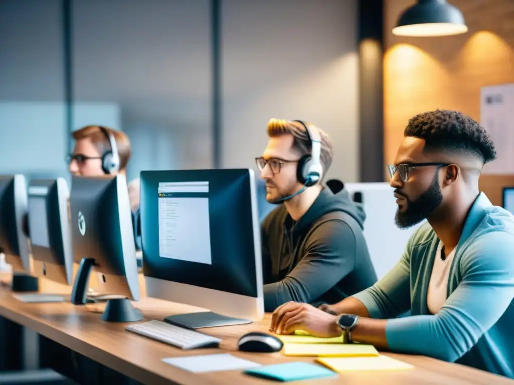 Equipo diverso de desarrolladores de software concentrados en pantallas de computadoras con código, post-its y tazas vacías