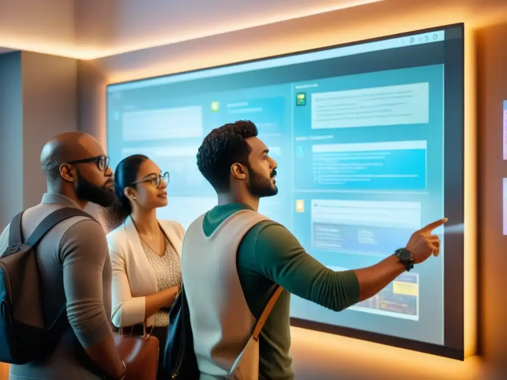 Un equipo diverso de desarrolladores de videojuegos discute animadamente alrededor de un gran tablero interactivo de narrativa