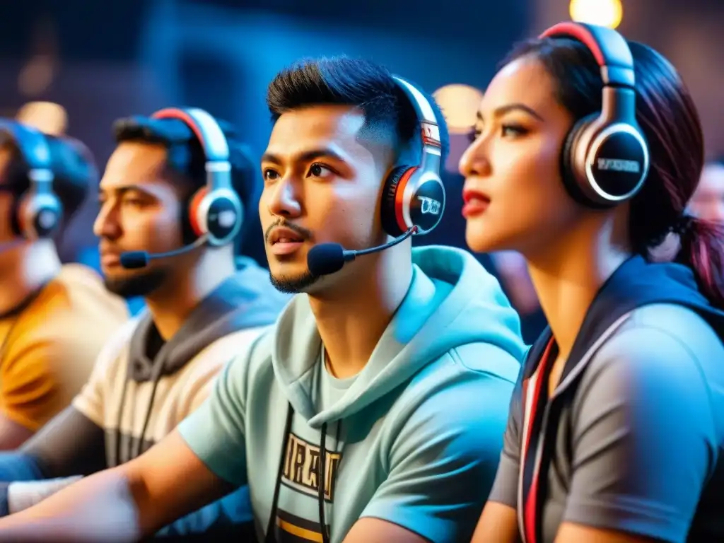 Equipo diverso de esports compitiendo con determinación, rompiendo barreras culturales y de género