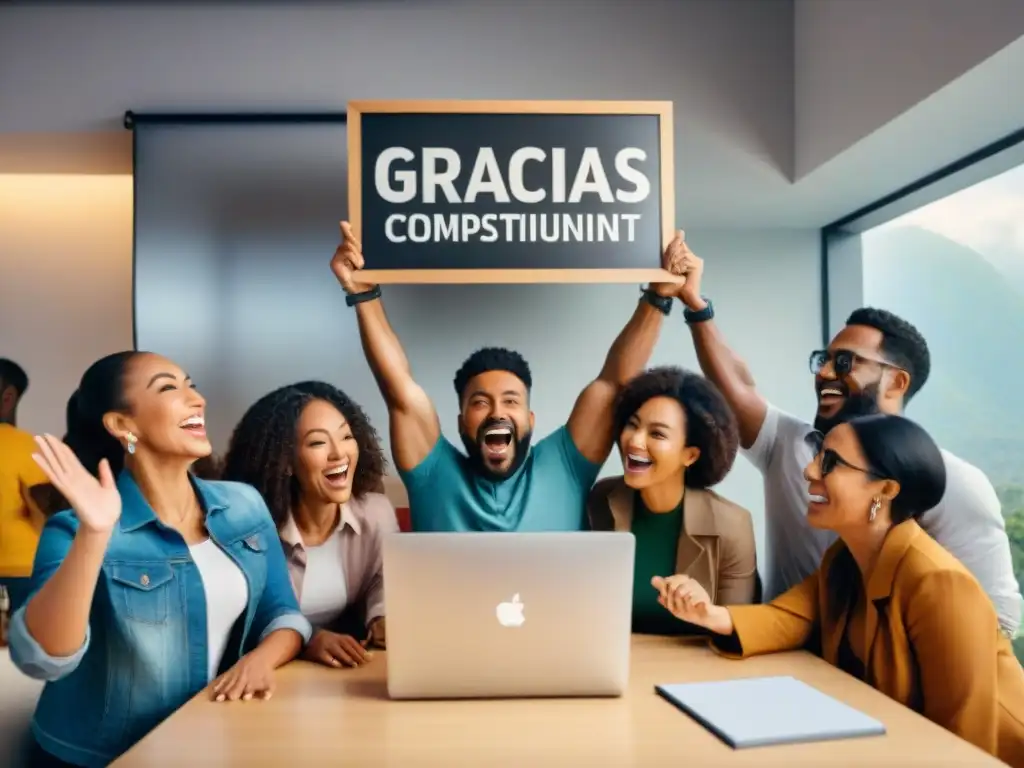 Equipo diverso celebra el éxito de campaña de crowdfunding en juegos, rodeados de logros y estrategias en sala llena de emoción y gratitud