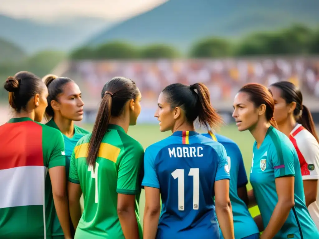 Un equipo diverso de jugadoras de fútbol de América Latina, con camisetas nacionales coloridas, en un campo polvoriento bajo el sol ardiente