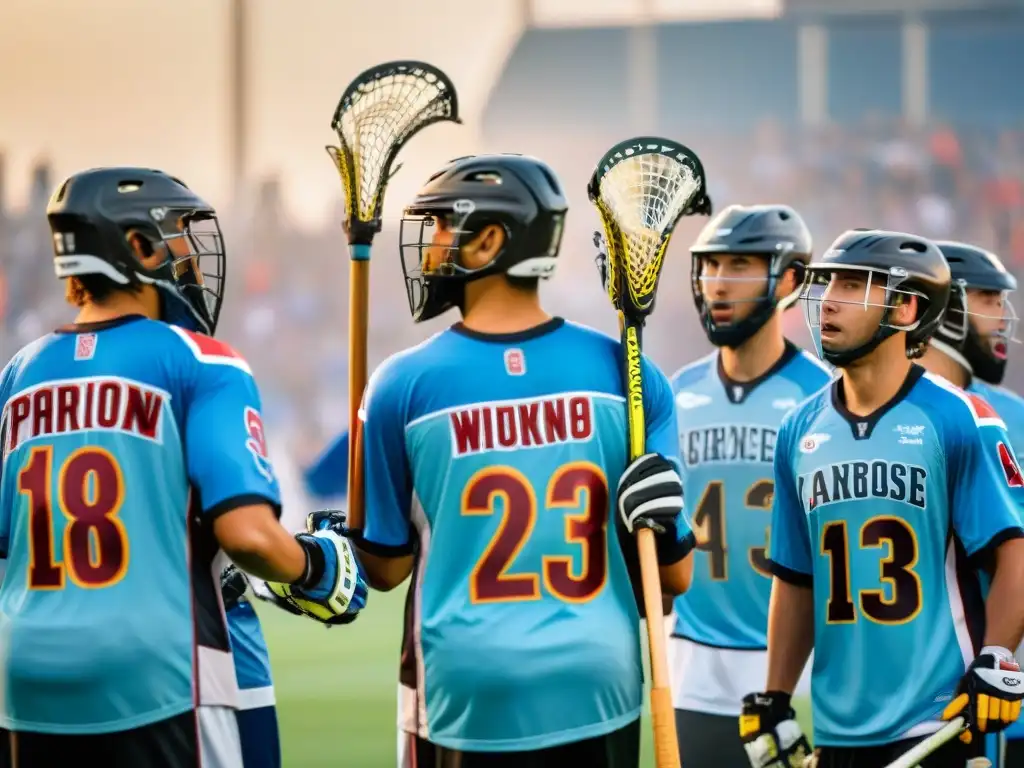 Un equipo diverso de jugadores de lacrosse unidos en el campo, representando la competencia internacional y la unidad en el deporte