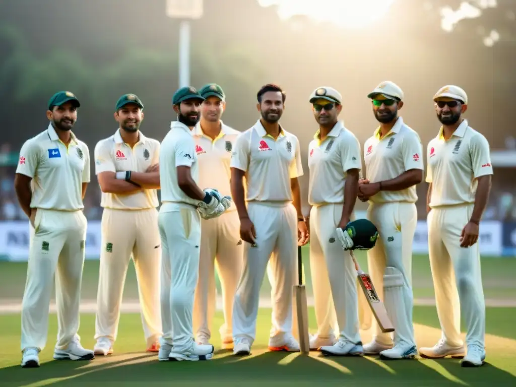 Un equipo diverso de jugadores de cricket en fila, con expresiones concentradas y mirando hacia el sol que se pone detrás de un campo verde