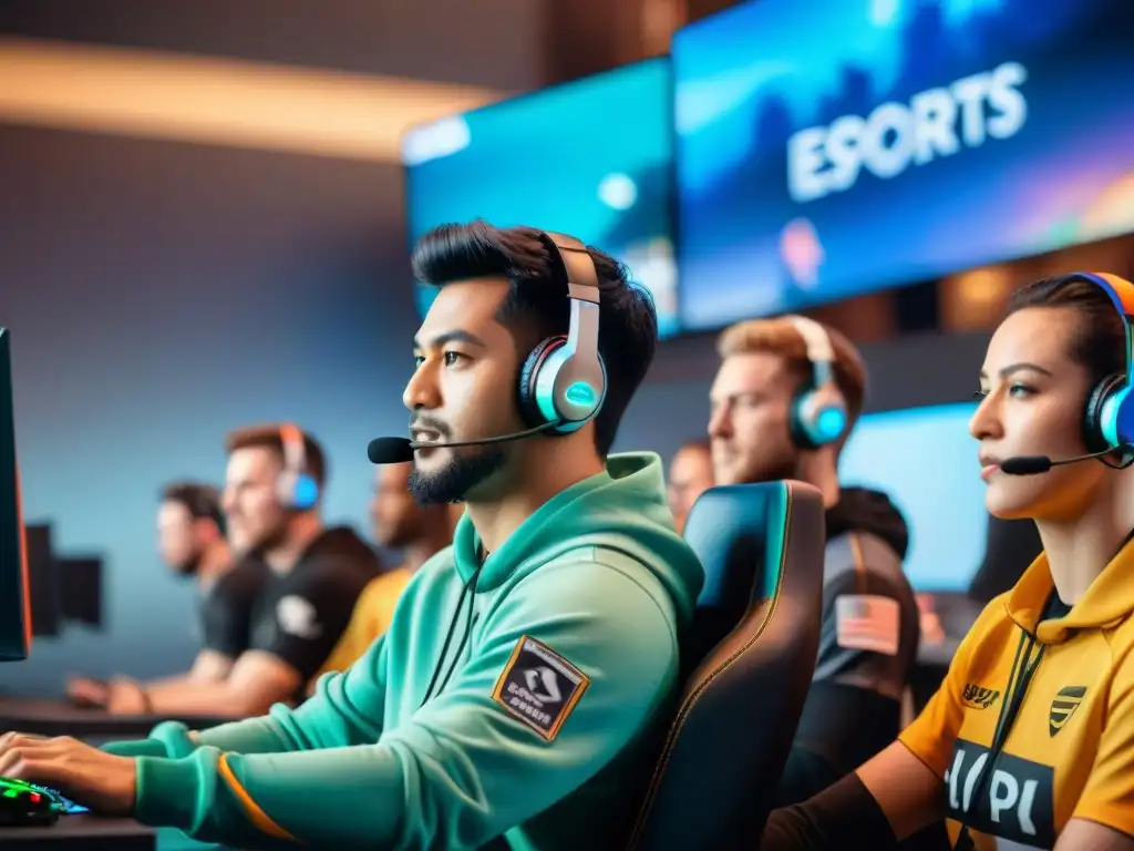 Un equipo diverso de jugadores de eSports compitiendo juntos en un torneo, promoviendo la diversidad e inclusión en eSports