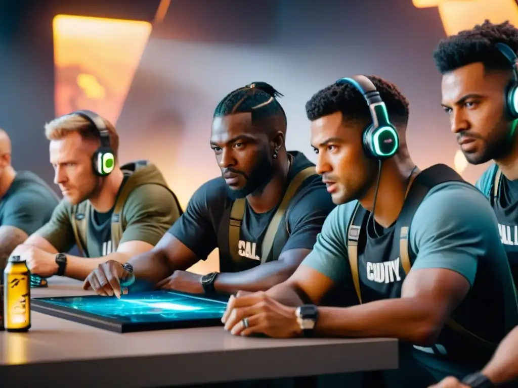 Un equipo diverso de jugadores estrategizando intensamente alrededor de una mesa llena de equipo de juego, latas vacías de bebidas energéticas y mapas dispersos, iluminados por múltiples pantallas de computadora mostrando el gameplay de 'Call of Duty: Warzone'