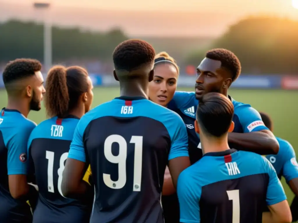 Un equipo de fútbol unido escucha al entrenador antes de un partido, reflejando determinación y camaradería