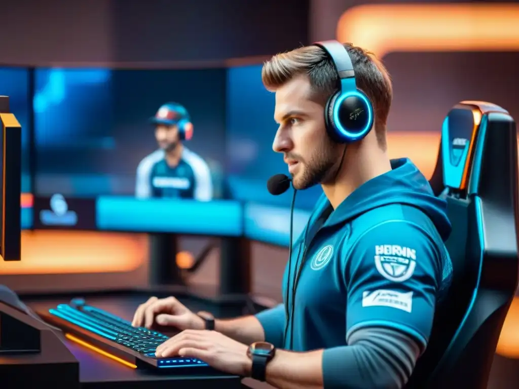 Competencia intensa en eSports: equipo profesional en acción Equipo de eSports en competencia intensa, rodeado de tecnología y fans