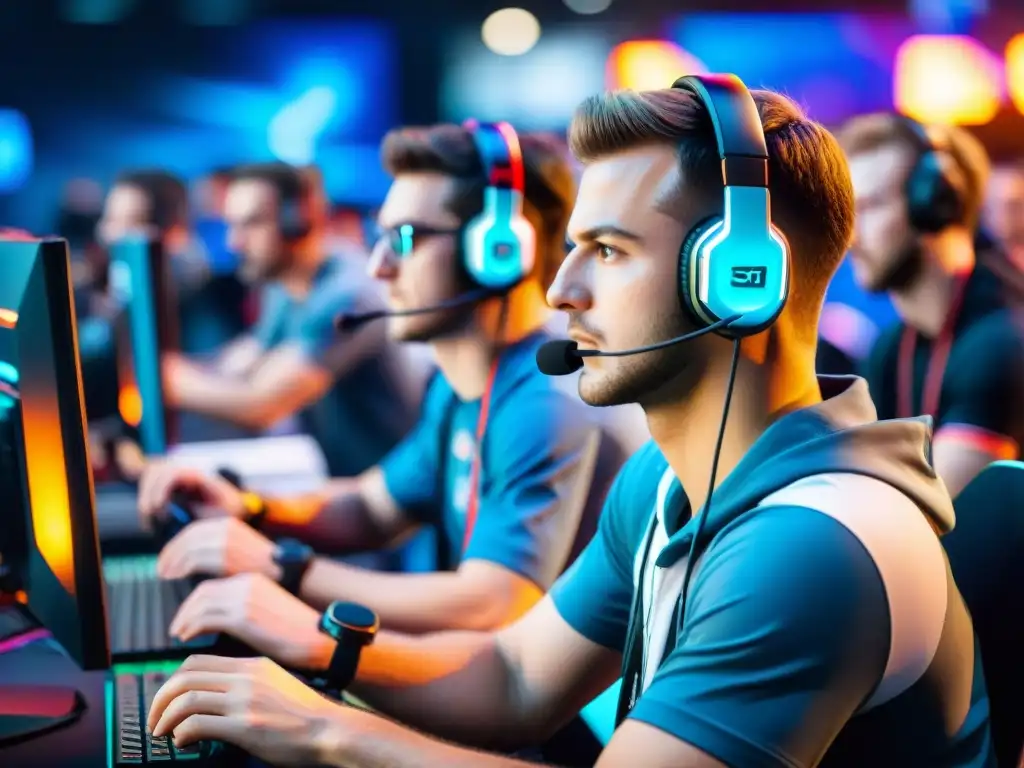 Equipo de eSports concentrado en competencia, demostrando desarrollo cognitivo en eSports