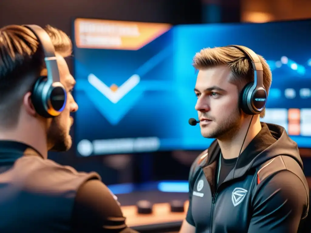 Equipo de eSports en discusión estratégica para alcanzar victoria, rodeados de tecnología y determinación