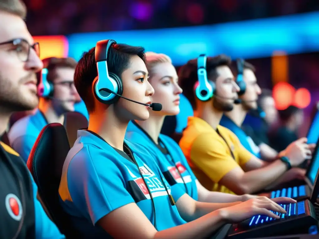 Equipo eSports diverso concentrado en campeonato, rodeado de fans, desarrollo habilidades eSports mundo