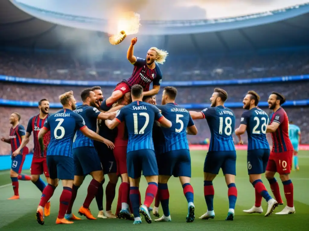 Equipo de fútbol europeo celebra gol con figuras mitológicas en estadio lleno