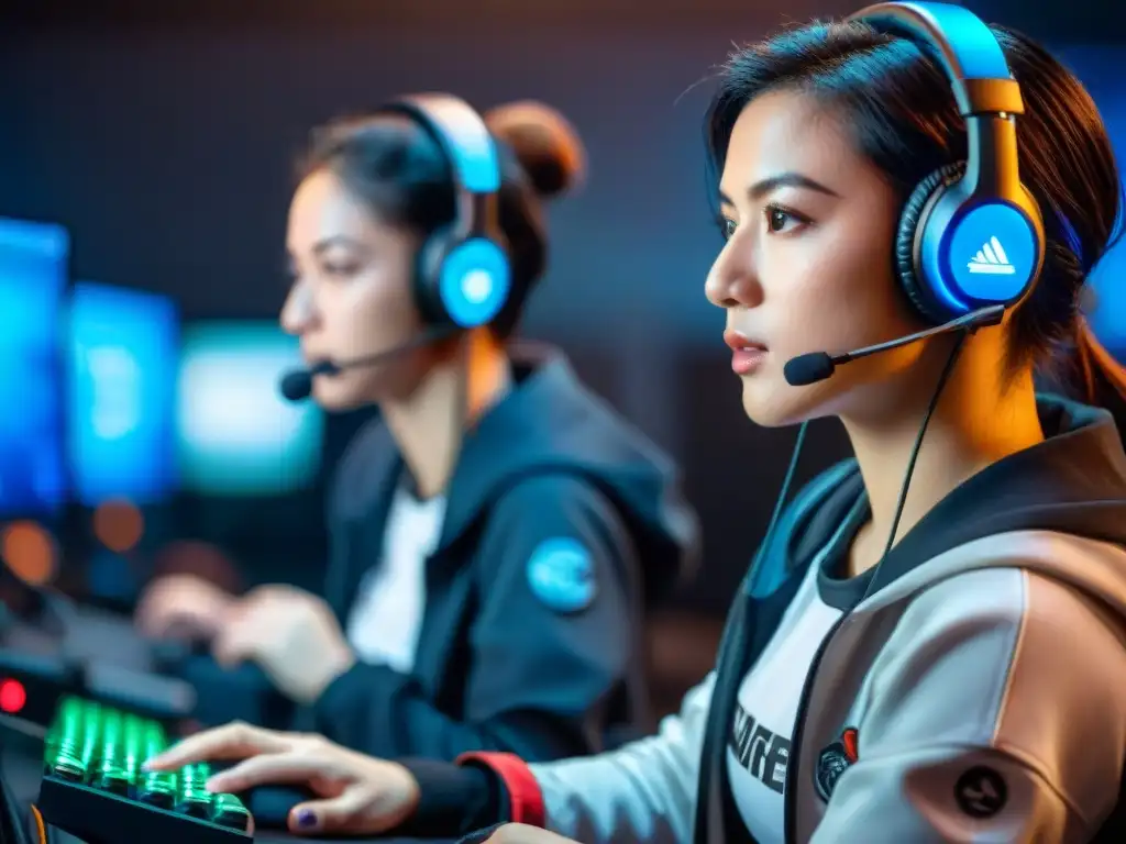 Equipo femenino de eSports concentrado en desafíos y éxitos, demostrando pasión y determinación en sus juegos