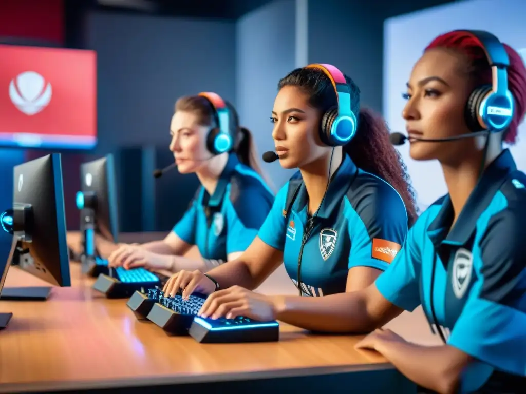 Equipo femenino de eSports, diverso y determinado, estrategizando con fuerza y éxito en un ambiente lleno de energía y emoción