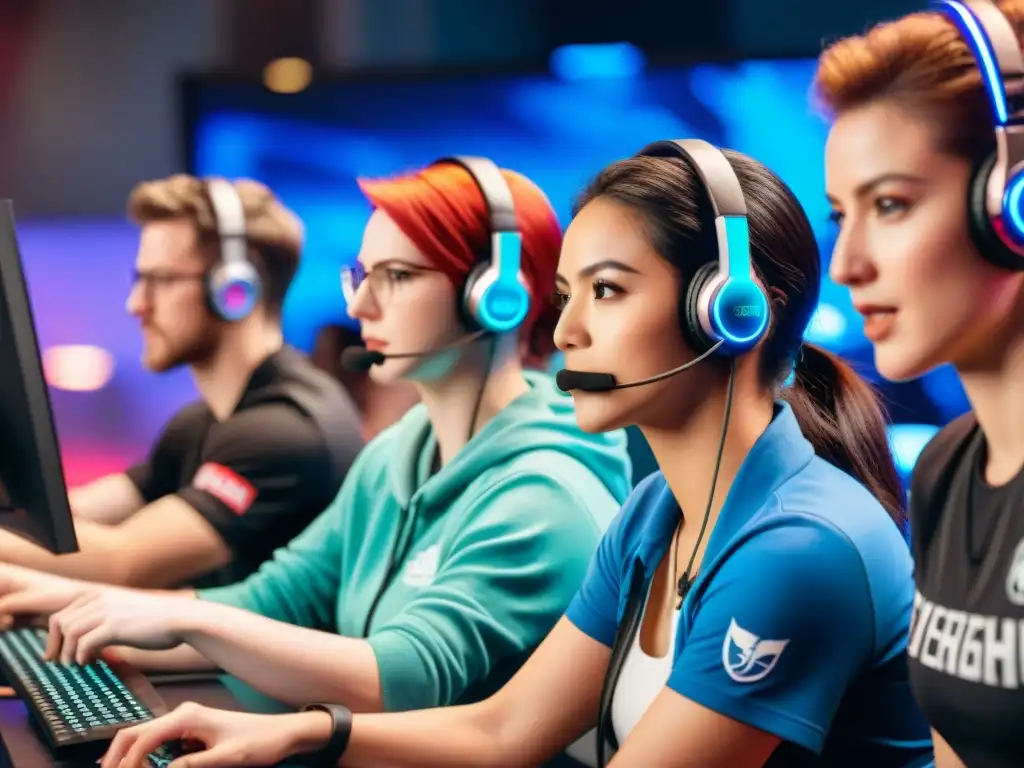 Equipo femenino de eSports compitiendo en un torneo de alto nivel en una arena llena de emoción y apoyo de los fanáticos