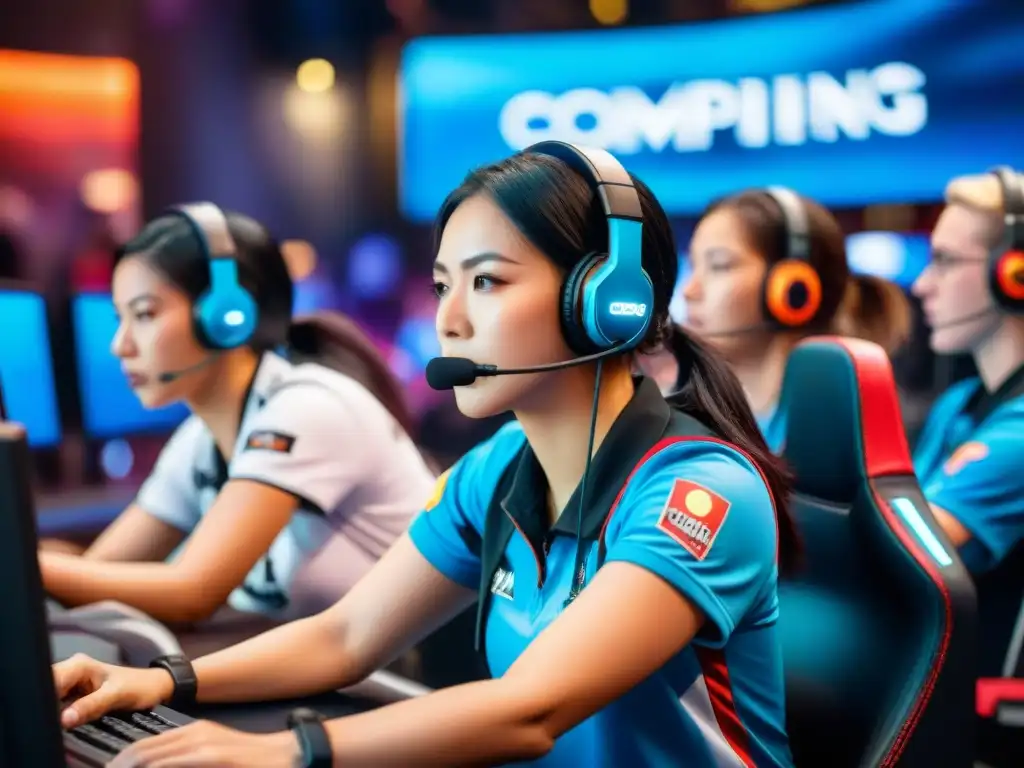 Equipo femenino de eSports desafía con éxito en torneo de juegos, rodeadas de espectadores y equipo colorido