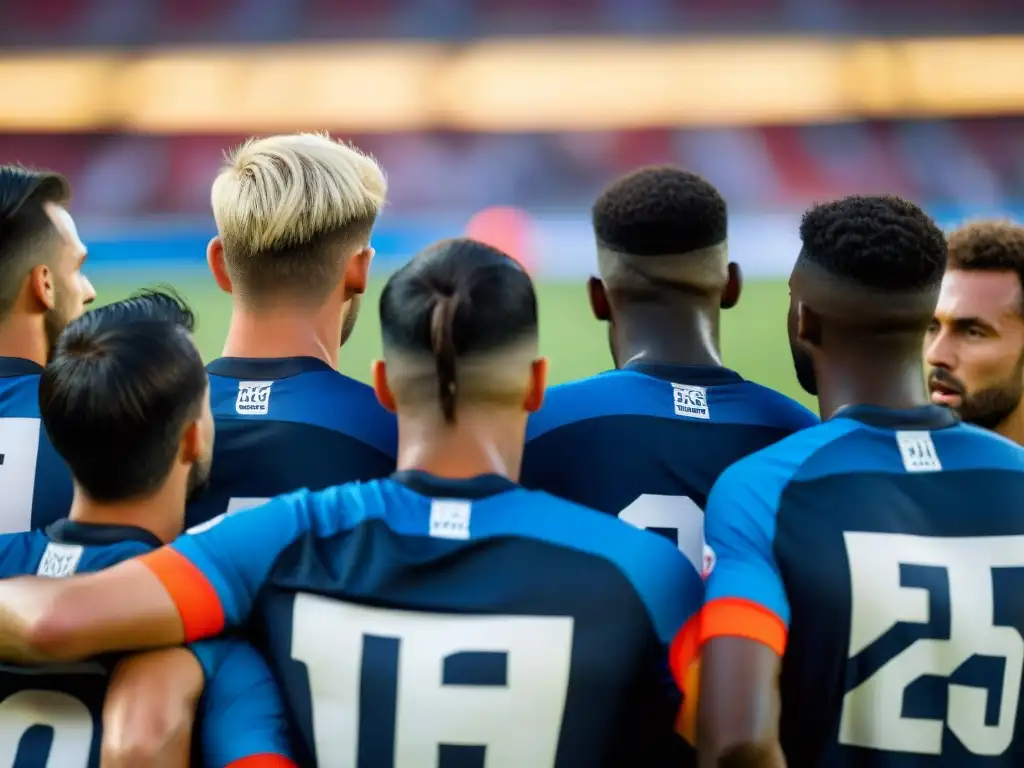 Equipo de fútbol concentrado en la charla motivacional del entrenador en el estadio vacío, mostrando la psicología del ego en deporte