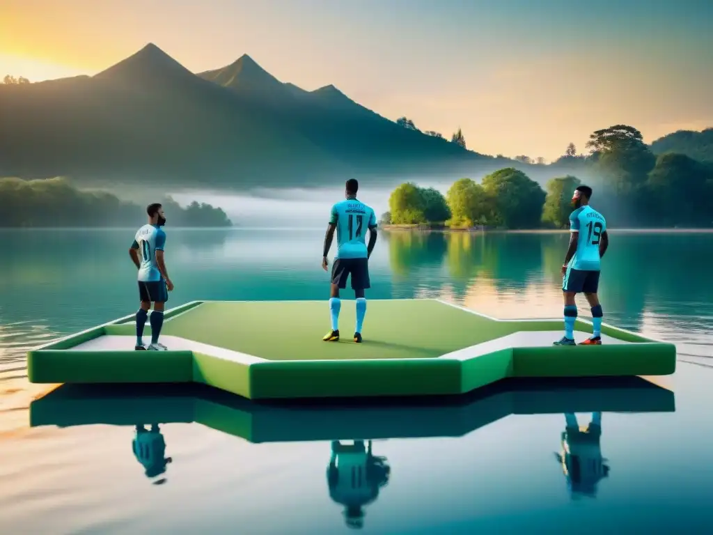 Equipo de fútbol en plataformas flotantes, disfrutando del juego al atardecer en un lago sereno, fusionando naturaleza e innovación