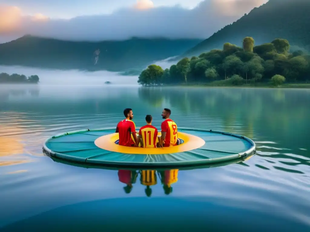 Equipo de fútbol en plataformas flotantes, jugando al atardecer en un lago sereno rodeado de vegetación exuberante