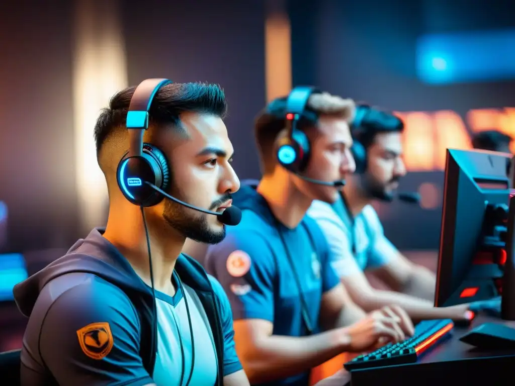 Equipo de gamers concentrados en jugadas maestras en eSports durante un torneo de alta intensidad