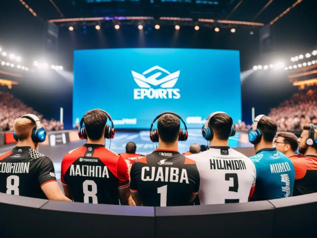 Equipo global de eSports en concentración durante campeonato, reflejando diversidad cultural