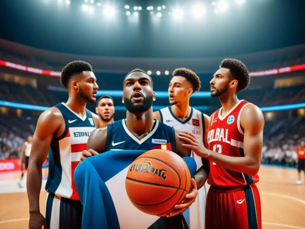 Un equipo global de jóvenes jugadores de baloncesto unidos antes del juego, reflejando la historia del baloncesto a nivel mundial