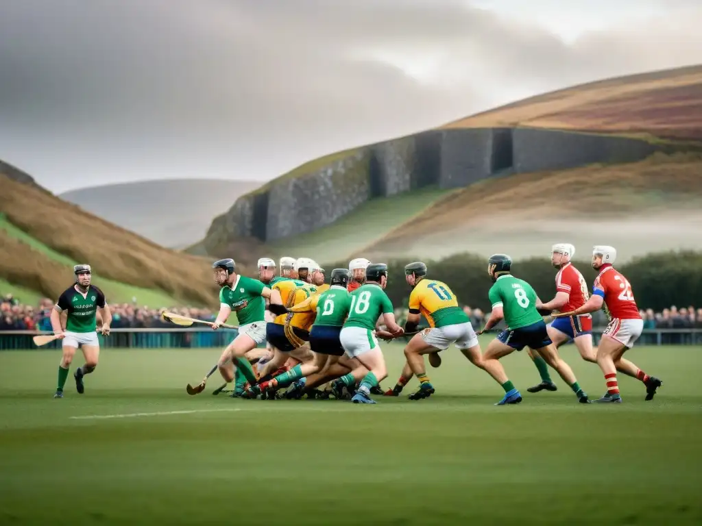 Equipo de hurling en acción en un campo verde, representando la historia de juegos deportes culturas educativas