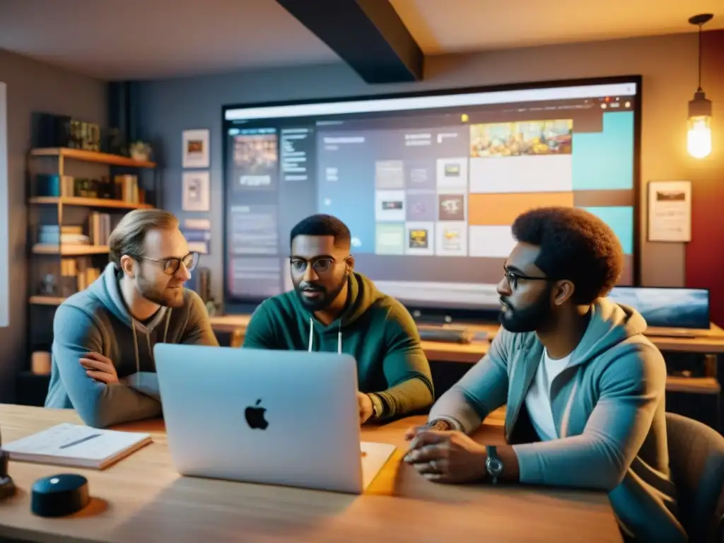 Un equipo indie apasionado discutiendo ideas de juego en un acogedor estudio