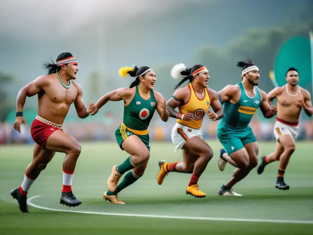 Equipo indígena en Juegos autóctonos tradicionales modernos en campo verde vibrante